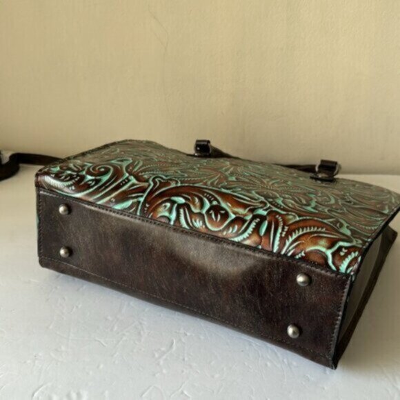 Patricia Nash Zancona Leather Front Tooled Turquoise Shoulder Handbag Xbody - Picture 9 of 12